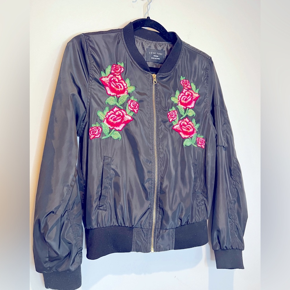 Love Tree Embroidered Rose Black Bomber Jacket - medium